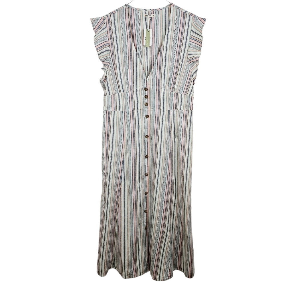 Marine Layer Camila Midi Dress Multi Stripe Ruffle Sleeve Dress NWT